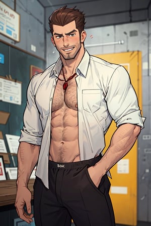 (1 image only), solo male, bara, Chase Devineaux, French, detective, brown hair, short hair, hair slicked back, brown eyes, sideburns, facial hair, broad stubble, open white collared shirt, underwear, bare chest, bare abdomen, mature, handsome, charming, alluring, grin, blush, standing, upper bod, perfect anatomy, perfect proportions, 2D, anime, (best quality, masterpiece), (perfect eyes, perfect eye pupil), high_resolution, dutch angle, perfect hands
