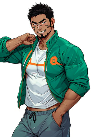 (1 image only), solo male, bara, Kyoichi Ootomo, Live A Hero, Asain, Japanese, athlete, PE teacher, short hair, black hair, streaked hair, sideburns, black eyes, facial hair, goatee, tan skin, bandaid on nose, white shirt, (green athletic jacket), grey shorts, sneakers, mature, handsome, charming, alluring, grin, standing, upper body, perfect anatomy, perfect proportions, 2D, anime, (best quality, masterpiece), (perfect eyes, perfect eye pupil), perfect hands, high_resolution, dutch angle