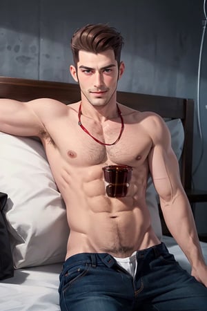 (1 image only), solo male, bara, Chase Devineaux, French, detective, brown hair, short hair, hair slicked back, brown eyes, sideburns, facial hair, broad stubble, widly open white collared shirt, roll up sleeves, pure blue tight and short brief, (bare chest, clean chest, bare 
 neck, bare abdomen, bare buttlocks, bare gorin), mature, handsome, charming, alluring, grin, blush, lying on bed, on back, perfect anatomy, perfect proportions, (best quality, masterpiece), high_resolution, photorealistic, hyperrealistic, madly detailed photo, hyper-realistic lifelike texture, picture-perfect face, (realistic eyes, perfect eyes, perfect eye pupil), perfect hands, dutch angle