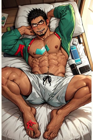 (1 image only), solo male, bara, Kyoichi Ootomo, Live A Hero, Asian, Japanese, hero, short hair, black hair, green streaked hair, sideburns, black eyes, facial hair, goatee, (wore glasses), tan skin, white bandaid on nose, glasses, topless, shirtless, grey athletic shorts, bare chest, bare shoulder, bare neck, bare belly, bare legs, bare feet, smile, blush, mature, handsome, charming, alluring, laying on bed, on back, perfect anatomy, perfect proportions, (best quality, masterpiece), (perfect eyes, perfect eye pupil), perfect hands, high_resolution, dutch angle, pperfect light