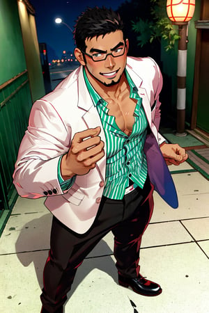 (1 image only), solo male, bara, Kyoichi Ootomo, Live A Hero, Asian, Japanese, hero, short hair, black hair, green streaked hair, sideburns, black eyes, facial hair, goatee, (wore glasses), tan skin, white bandaid on nose, glasses, black suit jacket, white&green striped shirt, partially unbuttoned, black pants, white gloves, black leather shoes, smile, blush, mature, handsome, charming, alluring, standing, upper body, perfect anatomy, perfect proportions, (best quality, masterpiece), (perfect eyes, perfect eye pupil), perfect hands, high_resolution, dutch angle, night at Japanese city street