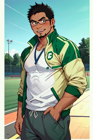 (1 image only), solo male, bara, Kyoichi Ootomo, Live A Hero, Asain, Japanese, athlete, PE teacher, short hair, black hair, green streaked hair, sideburns, black eyes, facial hair, goatee, (wore glasses), tan skin, white bandaid on nose, white t-shirt, ((pure green athletic jacket, open jacket)), grey shorts, sneakers, smile, blush, mature, handsome, charming, alluring, standing, upper body, perfect anatomy, perfect proportions, (best quality, masterpiece), (perfect eyes, perfect eye pupil), perfect hands, high_resolution, dutch angle, school sports ground