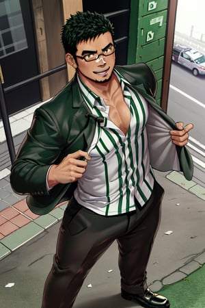 (1 image only), solo male, bara, Kyoichi Ootomo, Live A Hero, Asian, Japanese, hero, short hair, black hair, green streaked hair, sideburns, black eyes, facial hair, goatee, (wore glasses), tan skin, white bandaid on nose, glasses, (pure black jacket:1.3), (complete white/green thin striped collared shirt, tucked in shirt:1.3), black pants, black leather shoes, smile, blush, mature, handsome, charming, alluring, standing, upper body, perfect anatomy, perfect proportions, (best quality, masterpiece), (perfect eyes, perfect eye pupil), perfect hands, high_resolution, dutch angle, night at Tokyo city street,1guy,1girl,masterpiece