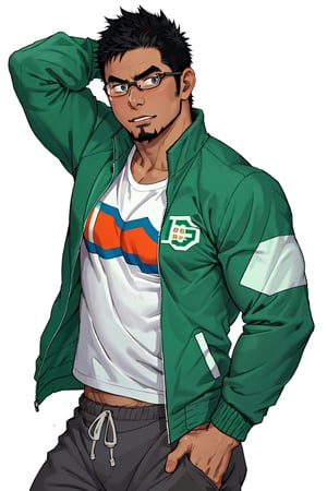 (1 image only), solo male, bara, Kyoichi Ootomo, Live A Hero, Asain, Japanese, athlete, PE teacher, short hair, black hair, green streaked hair, sideburns, black eyes, facial hair, goatee, (wore glasses), tan skin, white bandaid on nose, white t-shirt, ((pure green athletic jacket, open jacket)), grey shorts, sneakers, mature, handsome, charming, alluring, standing, upper body, perfect anatomy, perfect proportions, (best quality, masterpiece), (perfect eyes, perfect eye pupil), perfect hands, high_resolution, dutch angle
