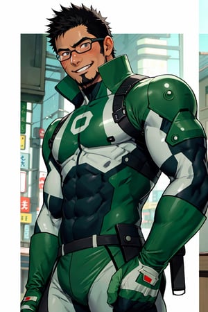 (1 image only), solo male, bara, Kyoichi Ootomo, Live A Hero, Asian, Japanese, hero short hair, black hair, green streaked hair, sideburns, black eyes, facial hair, goatee, (wore glasses), tan skin, white bandaid on nose, goggles, grey/green bodysuit, skin tight, green fingerless gloves, smile, blush, mature, handsome, charming, alluring, standing, upper body, perfect anatomy, perfect proportions, (best quality, masterpiece), (perfect eyes, perfect eye pupil), perfect hands, high_resolution, dutch angle, Japanese city steet