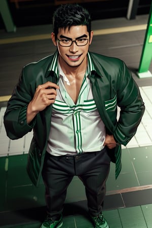 (1 image only), solo male, bara, Kyoichi Ootomo, Live A Hero, Asian, Japanese, hero, short hair, black hair, green streaked hair, sideburns, black eyes, facial hair, goatee, (wore glasses), tan skin, white bandaid on nose, glasses, (pure black jacket:1.3), (complete white/green thin striped collared shirt, tucked in shirt:1.3), black pants, black leather shoes, smile, blush, mature, handsome, charming, alluring, standing, upper body, perfect anatomy, perfect proportions, (best quality, masterpiece), (perfect eyes, perfect eye pupil), perfect hands, high_resolution, dutch angle, night at Tokyo city street,1guy,1girl,masterpiece