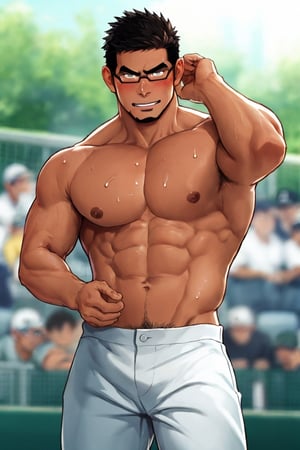 (1 image only), solo male, bara, Kyoichi Ootomo, Live A Hero, Asian, Japanese, hero, short hair, black hair, green streaked hair, sideburns, black eyes, facial hair, goatee, (wore glasses), tan skin, white bandaid on nose, glasses, (complete topless, shirtless), bare chest, bare shoulder, bare neck, bare arms, white baseball pants, shy, blush, smile, mature, handsome, charming, alluring, standing, perfect anatomy, perfect proportions, (best quality, masterpiece), (perfect eyes, perfect eye pupil:1.2), perfect hands, high_resolution, dutch angle, Baseball Players,Baseball Players, baseball field, sweaty skin, shiny skin, fighting_stance, competitive photo, studio photoshoot,masterpiece