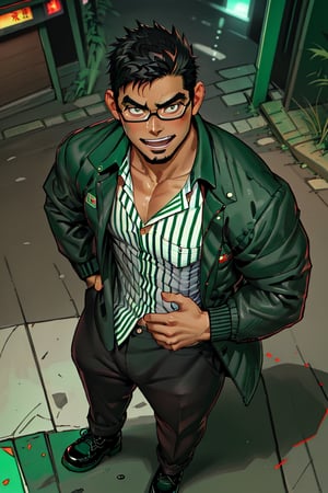(1 image only), solo male, bara, Kyoichi Ootomo, Live A Hero, Asian, Japanese, hero, short hair, black hair, green streaked hair, sideburns, black eyes, facial hair, goatee, (wore glasses), tan skin, white bandaid on nose, glasses, (pure black jacket:1.3), (complete white/green thin striped collared shirt, tucked in shirt:1.3), black pants, black leather shoes, smile, blush, mature, handsome, charming, alluring, standing, upper body, perfect anatomy, perfect proportions, (best quality, masterpiece), (perfect eyes, perfect eye pupil), perfect hands, high_resolution, dutch angle, night at Tokyo city street
