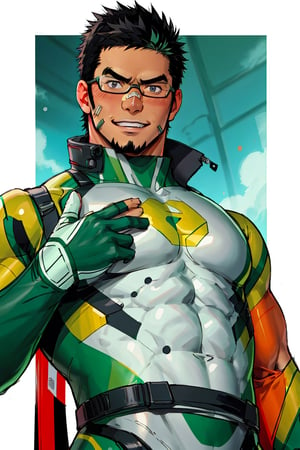 (1 image only), solo male, bara, Kyoichi Ootomo, Live A Hero, Asian, Japanese, hero short hair, black hair, green streaked hair, sideburns, black eyes, facial hair, goatee, (wore glasses), tan skin, white bandaid on nose, goggles, bodysuit, skin tight, green fingerless gloves, smile, blush, mature, handsome, charming, alluring, standing, upper body, perfect anatomy, perfect proportions, (best quality, masterpiece), (perfect eyes, perfect eye pupil), perfect hands, high_resolution, dutch angle, Japanese city steet