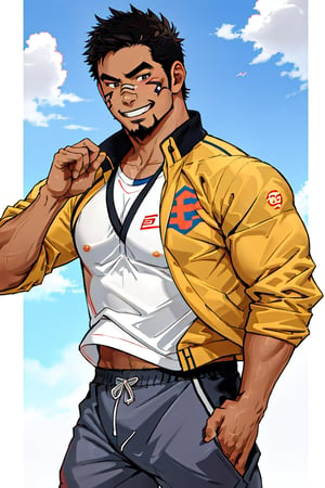 (1 image only), solo male, bara, Kyoichi Ootomo, Live A Hero, Asain, Japanese, athlete, PE teacher, short hair, black hair, streaked hair, sideburns, black eyes, facial hair, goatee, tan skin, bandaid on nose, white shirt, (greet athletic jacket), grey shorts, sneakers, mature, handsome, charming, alluring, grin, standing, upper body, perfect anatomy, perfect proportions, 2D, anime, (best quality, masterpiece), (perfect eyes, perfect eye pupil), perfect hands, high_resolution, dutch angle