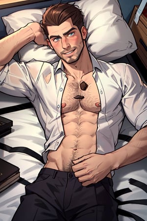(1 image only), solo male, bara, Chase Devineaux, French, detective, brown hair, short hair, hair slicked back, brown eyes, sideburns, facial hair, broad stubble, open white collared shirt, pure blue tight brief, bare chest, bare abdomen, bare buttlocks, bare gorin, mature, handsome, charming, alluring, grin, blush, lying on bed, on back, perfect anatomy, perfect proportions, (best quality, masterpiece), high_resolution, photorealistic, hyperrealistic, madly detailed photo, hyper-realistic lifelike texture, picture-perfect face, (realistic eyes, perfect eyes, perfect eye pupil), perfect hands, dutch angle