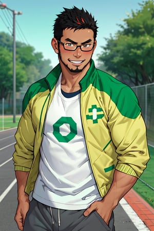 (1 image only), solo male, bara, Kyoichi Ootomo, Live A Hero, Asain, Japanese, athlete, PE teacher, short hair, black hair, green streaked hair, sideburns, black eyes, facial hair, goatee, (wore glasses), tan skin, white bandaid on nose, white t-shirt, ((pure green athletic jacket, open jacket)), grey shorts, sneakers, smile, blush, mature, handsome, charming, alluring, standing, upper body, perfect anatomy, perfect proportions, (best quality, masterpiece), (perfect eyes, perfect eye pupil), perfect hands, high_resolution, dutch angle, school sports ground,(1man),best quality
