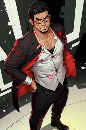 (1 image only), solo male, bara, Kyoichi Ootomo, Live A Hero, Asian, Japanese, hero, short hair, black hair, green streaked hair, sideburns, black eyes, facial hair, goatee, (wore glasses), tan skin, white bandaid on nose, glasses, (black suit jacket:1.4), (white&green striped shirt), partially unbuttoned, black pants, white gloves, black leather shoes, smile, blush, mature, handsome, charming, alluring, standing, upper body, perfect anatomy, perfect proportions, (best quality, masterpiece), (perfect eyes, perfect eye pupil), perfect hands, high_resolution, dutch angle, night at Japanese city street