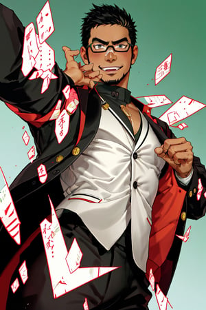 (1 image only), solo male, bara, Kyoichi Ootomo, Live A Hero, Asian, Japanese, hero, short hair, black hair, green streaked hair, sideburns, black eyes, facial hair, goatee, (wore glasses), tan skin, white bandaid on nose, glasses, (black suit jacket:1.4), (white&green striped shirt, shirt tucked in), black pants, white gloves, black leather shoes, smile, blush, mature, handsome, charming, alluring, standing, upper body, perfect anatomy, perfect proportions, (best quality, masterpiece), (perfect eyes, perfect eye pupil), perfect hands, high_resolution, dutch angle, night at Japanese city street