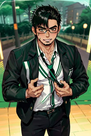 (1 image only), solo male, bara, Kyoichi Ootomo, Live A Hero, Asian, Japanese, hero, short hair, black hair, green streaked hair, sideburns, black eyes, facial hair, goatee, (wore glasses), tan skin, white bandaid on nose, glasses, (pure black jacket:1.3), (complete white/green thin striped collared shirt, tucked in shirt:1.3), black pants, black leather shoes, smile, blush, mature, handsome, charming, alluring, standing, upper body, perfect anatomy, perfect proportions, (best quality, masterpiece), (perfect eyes, perfect eye pupil), perfect hands, high_resolution, dutch angle, night at Tokyo city street,1guy