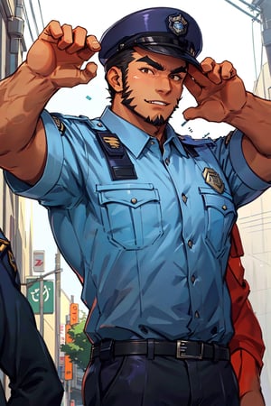 (1 image only), solo male, bara, Tajikarao, Tokyo Afterschool Summoners, Asain, Japanese, dark hair, short hair, thick eyebrows, sideburns, facial hair, beard, fangs. Japanese police uniform, Japanese, police hat, aqua-color collared shirt, black pants, mature, handsome, charming, alluring, standing, upper body in frame, perfect anatomy, perfect proportions, 2d, anime, (best quality, masterpiece), (perfect eyes, perfect eye pupil), high_resolution, dutch angle, Tokyo city street, better_hands, salute, red hands, Shide 
,perfecteyes, black eyes