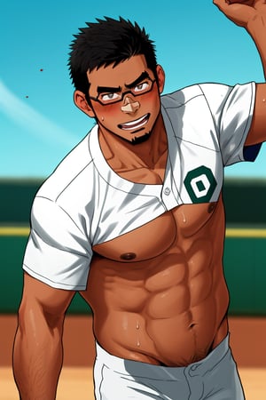 (1 image only), solo male, bara, Kyoichi Ootomo, Live A Hero, Asian, Japanese, hero, short hair, black hair, green streaked hair, sideburns, black eyes, facial hair, goatee, (wore glasses), tan skin, white bandaid on nose, glasses, (complete topless, shirtless), white baseball pants, shy, blush, smile, mature, handsome, charming, alluring, standing, perfect anatomy, perfect proportions, (best quality, masterpiece), (perfect eyes, perfect eye pupil:1.2), perfect hands, high_resolution, dutch angle, Baseball Players,Baseball Players, baseball field, sweaty skin, shiny skin, fighting_stance, competitive photo, studio photoshoot