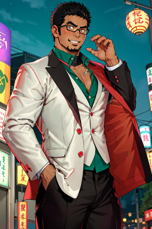 (1 image only), solo male, bara, Kyoichi Ootomo, Live A Hero, Asian, Japanese, hero, short hair, black hair, green streaked hair, sideburns, black eyes, facial hair, goatee, (wore glasses), tan skin, white bandaid on nose, glasses, (black suit jacket:1.2), white&green striped shirt, partially unbuttoned, black pants, white gloves, black leather shoes, smile, blush, mature, handsome, charming, alluring, standing, upper body, perfect anatomy, perfect proportions, (best quality, masterpiece), (perfect eyes, perfect eye pupil), perfect hands, high_resolution, dutch angle, night at Japanese city street