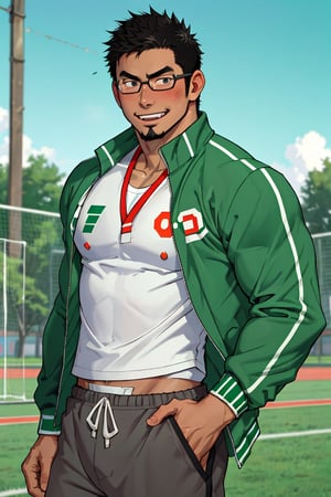(1 image only), solo male, bara, Kyoichi Ootomo, Live A Hero, Asain, Japanese, athlete, PE teacher, short hair, black hair, green streaked hair, sideburns, black eyes, facial hair, goatee, (wore glasses), tan skin, white bandaid on nose, white t-shirt, ((pure green athletic jacket, open jacket)), grey shorts, sneakers, smile, blush, mature, handsome, charming, alluring, standing, upper body, perfect anatomy, perfect proportions, (best quality, masterpiece), (perfect eyes, perfect eye pupil), perfect hands, high_resolution, dutch angle, school sports ground,(1man),best quality