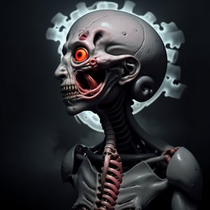 Generate a full-length image of an horrifying 2D side view humanoid evil character with a ghost-like lower body with unsettling features. Emphasize a subtle gaze towards the viewer, instilling a sense of being watched. Incorporate disturbing details, like a ghastly representation of a human organ, inducing fear upon sight. Push the boundaries of horror, ensuring the character is nightmarish and evokes a deep sense of unease.