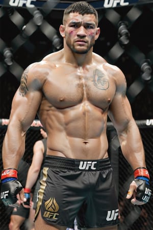 an ultra-realistic, highly detailed panoramic shot of a muscular, 1.8 meters tall MMA UFC fighter with black hair and a tanned complexion. He should be depicted in a boxing guard stance inside the UFC MMA octagon. The lighting should focus on the tired fighter. He is visibly exhausted, showing signs of facial bruises and cuts from the fight. He wears black sports shorts with the UFC logo in golden letters on the waist. The illustration should capture an ultra-realistic and highly detailed