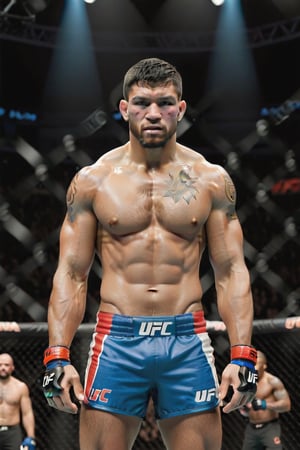 an ultra-realistic, highly detailed panoramic shot of a muscular, 1.8 meters tall MMA UFC fighter with black hair and a tanned complexion. He should be depicted in a boxing guard stance inside the UFC MMA octagon. The lighting should focus on the tired fighter. He is visibly exhausted, showing signs of facial bruises and cuts from the fight. He wears black sports shorts with the UFC logo in golden letters on the waist. The illustration should capture an ultra-realistic and highly detailed