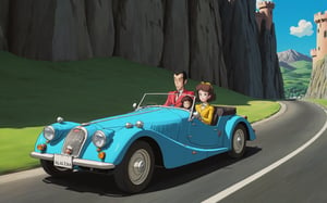 Lupin the 3rd, Lupin and Fujiko driving Morgan Plus 8, Castle of Cagliostro, 
(full body:1.0), from bellow, high quality skin texture rendering, curved body, masterpiece, 8k, high resolution, ghibli, ,r0b0cap,StdGBRedmAF