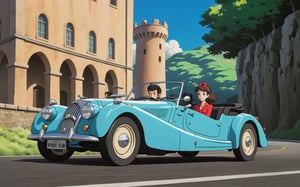 Lupin the 3rd, Lupin and Fujiko driving Morgan Plus 8, Castle of Cagliostro, 
(full body:1.0), from bellow, high quality skin texture rendering, curved body, masterpiece, 8k, high resolution, ghibli, ,r0b0cap,StdGBRedmAF