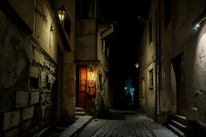 In the deep of night, in an old city, narrow alleyways are filled with the silent darkness. 