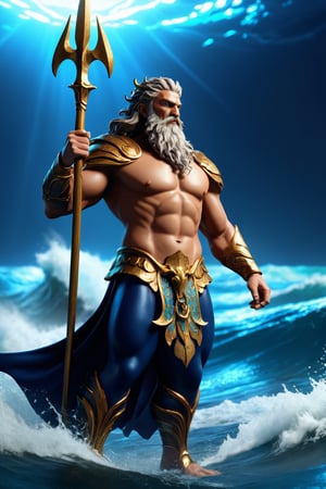 Poseidon, lord of the seas, glowing white eyes, wearing blue garments, trident in hand, commanding the waves of the seas, full body portrait dim volumetric lighting, 8k octane beautifully detailed render, post-processing, portrait, extremely hyper-detailed, intricate, epic composition, cinematic lighting, masterpiece, very very detailed, masterpiece, stunning Detailed matte painting, deep color, fantastical, intricate detail, splash screen, complementary colors, fantasy concept art, 8k resolution trending on Artstation Unreal Engine 5