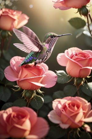 (best quality, highres, ultra-detailed), red roses ,pastel colors,soft shadows,blooming petals,delicate stems,fresh and vibrant,botanical inspiration,dreamy atmosphere,artistic details,nature-inspired,fine lines,detailed texture,garden beauty(((A (flying) humming bird in the air)))(((hasselblad 70mm camera films))),photorealistic,leonardo