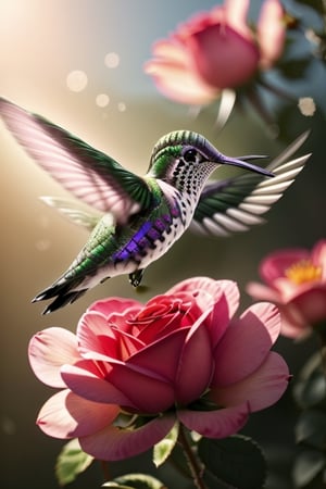 (best quality, highres, ultra-detailed), red roses ,pastel colors,soft shadows,blooming petals,delicate stems,fresh and vibrant,botanical inspiration,dreamy atmosphere,artistic details,nature-inspired,fine lines,detailed texture,garden beauty(((A (flying :1.2) humming bird in the air))),photorealistic,leonardo