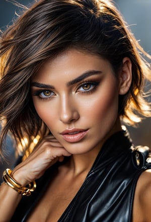 ((extremely realistic photo)), A close-up of a woman with brown hair and smoky eye makeup, golden honey-color eyes wearing a black leather top and gold bracelets, studio photo, aesthetic. masterpiece, realistic textures, pure perfection, high definition
((best quality, masterpiece, detailed)), ultra high resolution, hdr, art, high detail, add more detail, (extreme and intricate details), ((raw photo, 64k:1.37)), sharp focus,((more detail xl)),more detail XL,detailmaster2,Enhanced All,photo r3al