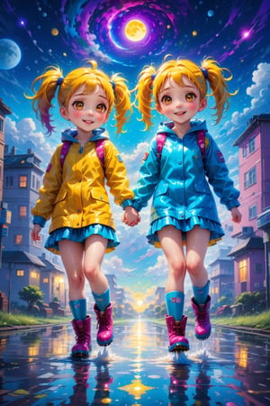 ultra detailed, (masterpiece, top quality, best quality, official art, beautiful and aesthetic:1.2),  Two girls playing in puddles wearing rain boots. In the center of the puddles,  there is a clear reflection of the transparent water surface with bright light reflecting upon it. The girls are dressed in yellow raincoats and wearing boots,  allowing them to play in the puddles without getting wet. One of them is an energetic girl with her hair tied up in pigtails,  while the other has cute short twin tails. Holding hands,  they jump and frolic,  creating splashes of water. The weather is fine after the rain,  and a vibrant rainbow stretches across the background,  creating a joyful atmosphere,  Dark night,  wind blowing,  stary night,  night sky,  absurderes,  high resolution,  Ultra detailed backgrounds,  highly detailed hair,  Calm tones,  (Geometry:1.42),  (Symmetrical background:1.4),  Photograph the whole body,  from below,  Backlighting of natural light,  falling petals,  the source of light is the moon light,  colorful wear,  (adorable difference face:1.4), (sharp focus:1.3), cyberpunk style