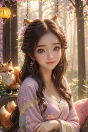 Beautiful 1girl, ((12 years old)), (masterpiece, top quality, best quality, official art, beautiful and aesthetic:1.2), (executoner), extreme detailed, colorful, highest detailed ((ultra-detailed)), (highly detailed CG illustration), ((an extremely delicate and beautiful)), cinematic light, niji style, Chinese house style, in the morning light, maple tree bloom, sunray through the leaves, beautiful eyes, ((light brown eyes)), perfect face, smiling happily, 32k ultra high definition, Pixar movie scene style, realistic high quality Portrait photography, eternal beauty, the lantern behind her emits a soft light, beautiful and dreamy, the flowers are in bloom, and the light bokeh serves as the background, (bronze eyes:1.4), ((purple and yellow hues)), (holding cute fox), funny pose, (seat on the swing :1.5), outside, many animals,1girl, nice hands, sexual attraction, Watermelon slices in a plate,