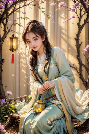 Beautiful 1girl, ((12 years old)), (masterpiece, top quality, best quality, official art, beautiful and aesthetic:1.2), (executoner), extreme detailed, colorful, highest detailed ((ultra-detailed)), (highly detailed CG illustration), ((an extremely delicate and beautiful)), cinematic light, niji style, Chinese house style, in the morning light, maple tree bloom, sunray through the leaves, beautiful eyes, ((light brown eyes)), perfect face, smiling happily, 32k ultra high definition, Pixar movie scene style, realistic high quality Portrait photography, eternal beauty, the lantern behind her emits a soft light, beautiful and dreamy, the flowers are in bloom, and the light bokeh serves as the background, (bronze eyes:1.4), ((purple and yellow hues)), cute animal winterhanfu, holding object, funny pose, (sitting on a tree swing:1.5), outside, swinging, 