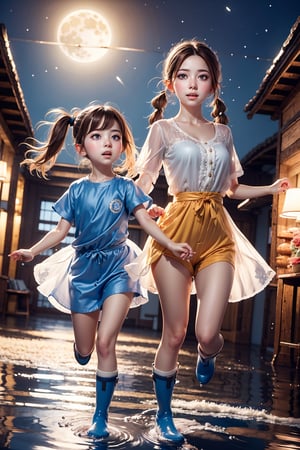 (Happiest:1.4),Beautiful girl, child face, body perfect, (extremely detailed background :1.4), Two girls playing in puddles wearing rain boots. In the center of the puddles,  there is a clear reflection of the transparent water surface with bright light reflecting upon it. The girls are dressed in yellow raincoats and wearing boots, allowing them to play in the puddles without getting wet. One of them is an energetic girl with her hair tied up in pigtails,  while the other has cute short twin tails. Holding hands, they jump and frolic, creating splashes of water. The weather is fine after the rain,  and a vibrant rainbow stretches across the background, creating a joyful atmosphere, Dark night, wind blowing, stary night,  night sky, absurderes, high resolution, Ultra detailed backgrounds, highly detailed hair, Calm tones,  (Geometry:1.42), (Symmetrical background:1.4), Photograph the whole body, from below, Backlighting of natural light, falling petals, 
the source of light is the moon light, colorful wear,  (adorable difference face:1.4), (best quality, masterpiece:1.4, beautiful and aesthetic), 8K, (HDR:1.4),very cute hair, Wonder of Art and Beauty, clear eyes, detailed eyes, Anime scenary ,