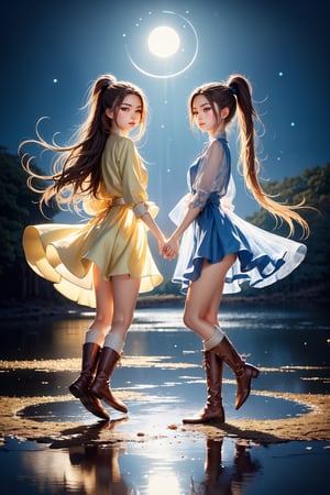 Beautiful girl, (extremely detailed background 1.4), Two girls playing in puddles wearing rain boots. In the center of the puddles,  there is a clear reflection of the transparent water surface with bright light reflecting upon it. The girls are dressed in yellow raincoats and wearing boots,  allowing them to play in the puddles without getting wet. One of them is an energetic girl with her hair tied up in pigtails,  while the other has cute short twin tails. Holding hands,  they jump and frolic, creating splashes of water. The weather is fine after the rain,  and a vibrant rainbow stretches across the background, creating a joyful atmosphere, Dark night, wind blowing,  stary night,  night sky, absurderes,  high resolution,  Ultra detailed backgrounds,  highly detailed hair, Calm tones,  (Geometry:1.42),  (Symmetrical background:1.4), Photograph the whole body , from below, Backlighting of natural light, falling petals, 
the source of light is the moon light, colorful wear,  (adorable difference face:1.4), (best quality, masterpiece:1.4, beautiful and aesthetic), 8K, (HDR:1.4),1 line drawing,Wonder of Art and Beauty,SGBB,nodf_lora