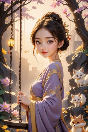 Beautiful 1girl, ((12 years old)), (masterpiece, top quality, best quality, official art, beautiful and aesthetic:1.2), (holding cute fox), cute fox, funny pose, (on a swing :1.5), outside, With many animals, (executoner), extreme detailed, colorful, highest detailed ((ultra-detailed)), (highly detailed CG illustration), ((an extremely delicate and beautiful)), cinematic light, niji style, Chinese house style, in the morning light, maple tree bloom, sunray through the leaves, beautiful eyes, ((light brown eyes)), perfect face, smiling happily, 32k ultra high definition, Pixar movie scene style, realistic high quality Portrait photography, eternal beauty, the lantern behind her emits a soft light, beautiful and dreamy, the flowers are in bloom, and the light bokeh serves as the background, (bronze eyes:1.4), sexual attraction, ((purple and yellow hues)), nice hands, nice fingers, hanfu, jewelry, cutegirlmix