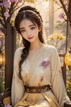 Beautiful 1girl, ((12 years old)), (masterpiece, top quality, best quality, official art, beautiful and aesthetic:1.2), (executoner), extreme detailed, colorful, highest detailed ((ultra-detailed)), (highly detailed CG illustration), ((an extremely delicate and beautiful)), cinematic light, niji style, Chinese house style, in the morning light, maple tree bloom, sunray through the leaves, beautiful eyes, ((light brown eyes)), perfect face, smiling happily, 32k ultra high definition, Pixar movie scene style, realistic high quality Portrait photography, eternal beauty, the lantern behind her emits a soft light, beautiful and dreamy, the flowers are in bloom, and the light bokeh serves as the background, (bronze eyes:1.4), ((purple and yellow hues)), winterhanfu, holding cute animal, funny pose, (seat on the swing :1.5), outside, With fox