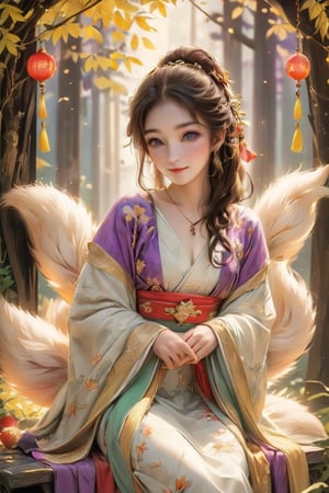 Beautiful 1girl, ((12 years old)), (masterpiece, top quality, best quality, official art, beautiful and aesthetic:1.2), (holding cute fox), funny pose, (seat on the swing :1.5), outside, With many animals, (executoner), extreme detailedw, colorful, highest detailed ((ultra-detailed)), (highly detailed CG illustration), ((an extremely delicate and beautiful)), cinematic light, niji style, Chinese house style, in the morning light, maple tree bloom, sunray through the leaves, beautiful eyes, ((light brown eyes)), perfect face, smiling happily, 32k ultra high definition, Pixar movie scene style, realistic high quality Portrait photography, eternal beauty, the lantern behind her emits a soft light, beautiful and dreamy, the flowers are in bloom, and the light bokeh serves as the background, (bronze eyes:1.4), ((purple and yellow hues)), hanfu ,Watermelon slices in a plate,