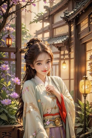 Beautiful 1girl, ((12 years old)), (masterpiece, top quality, best quality, official art, beautiful and aesthetic:1.2), (executoner), extreme detailed, colorful, highest detailed ((ultra-detailed)), (highly detailed CG illustration), ((an extremely delicate and beautiful)), cinematic light, niji style, Chinese house style, in the morning light, maple tree bloom, sunray through the leaves, beautiful eyes, ((light brown eyes)), perfect face, smiling happily, 32k ultra high definition, Pixar movie scene style, realistic high quality Portrait photography, eternal beauty, the lantern behind her emits a soft light, beautiful and dreamy, the flowers are in bloom, and the light bokeh serves as the background, (bronze eyes:1.4), ((purple and yellow hues)), cute animal winterhanfu, holding object, funny pose