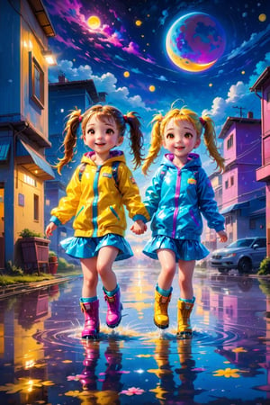 ultra detailed, (masterpiece, top quality, best quality, official art, beautiful and aesthetic:1.2),  Two girls playing in puddles wearing rain boots. In the center of the puddles,  there is a clear reflection of the transparent water surface with bright light reflecting upon it. The girls are dressed in yellow raincoats and wearing boots,  allowing them to play in the puddles without getting wet. One of them is an energetic girl with her hair tied up in pigtails,  while the other has cute short twin tails. Holding hands,  they jump and frolic,  creating splashes of water. The weather is fine after the rain,  and a vibrant rainbow stretches across the background,  creating a joyful atmosphere,  Dark night,  wind blowing,  stary night,  night sky,  absurderes,  high resolution,  Ultra detailed backgrounds,  highly detailed hair,  Calm tones,  (Geometry:1.42),  (Symmetrical background:1.4),  Photograph the whole body,  from below,  Backlighting of natural light,  falling petals,  the source of light is the moon light,  colorful wear,  (adorable difference face:1.4), (sharp focus:1.3), cyberpunk style