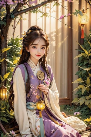 Beautiful 1girl, ((12 years old)), (masterpiece, top quality, best quality, official art, beautiful and aesthetic:1.2), (executoner), extreme detailed, colorful, highest detailed ((ultra-detailed)), (highly detailed CG illustration), ((an extremely delicate and beautiful)), cinematic light, niji style, Chinese house style, in the morning light, maple tree bloom, sunray through the leaves, beautiful eyes, ((light brown eyes)), perfect face, smiling happily, 32k ultra high definition, Pixar movie scene style, realistic high quality Portrait photography, eternal beauty, the lantern behind her emits a soft light, beautiful and dreamy, the flowers are in bloom, and the light bokeh serves as the background, (bronze eyes:1.4), ((purple and yellow hues)), cute animal winterhanfu, holding object, funny pose, (sitting on a tree swing:1.5), swing on swing