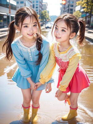 Raw photo, (Ultra realistic), (highly detailed eyes, highly detailed face), (ultra detailed:1.4), realistic, (photorealistic:1.37), (illustration:1.2), Two girls playing in puddles wearing rain boots. In the center of the puddles,  there is a clear reflection of the transparent water surface with bright light reflecting upon it. The girls are dressed in yellow raincoats and wearing boots,  allowing them to play in the puddles without getting wet. One of them is an energetic girl with her hair tied up in pigtails,  while the other has cute short twin tails. Holding hands,  they jump and frolic,  creating splashes of water. The weather is fine after the rain,  and a vibrant rainbow stretches across the background. The colors of the rainbow harmonize with the girls' smiles,  creating a joyful atmosphere,  colorful wear,  (adorable difference face:1.4),  colorful,  (photo-realisitc),  night background,  exposure blend, medium shot, bokeh, (hdr:1.4), high contrast, (cinematic, teal and green:0.85),  (muted colors, dim colors,  soothing tones:1.3), low saturation, (perfect hands, perfect fingers :1.5), cinematic light, depth of fields, twilight, science fiction, NAO,