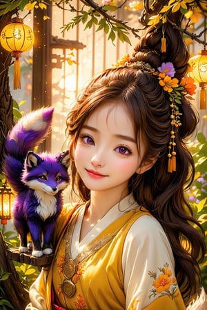 Beautiful 1girl, ((12 years old)), (masterpiece, top quality, best quality, official art, beautiful and aesthetic:1.2), (executoner), extreme detailed, colorful, highest detailed ((ultra-detailed)), (highly detailed CG illustration), ((an extremely delicate and beautiful)), cinematic light, niji style, Chinese house style, in the morning light, maple tree bloom, sunray through the leaves, beautiful eyes, ((light brown eyes)), perfect face, smiling happily, 32k ultra high definition, Pixar movie scene style, realistic high quality Portrait photography, eternal beauty, the lantern behind her emits a soft light, beautiful and dreamy, the flowers are in bloom, and the light bokeh serves as the background, (bronze eyes:1.4), ((purple and yellow hues)), cute animal winterhanfu, holding fox, funny pose, (seat on the swing :1.5), outside, many animals,