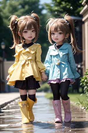 high resolution, highly detailed, detailed background, perfect lighting, photorealistic rendering, (8k, 16K, best quality, masterpiece:1.2), (ultra highres:1.0), (HDR:1.4), realistic, cute face, epic Two girls playing in puddles wearing rain boots. In the center of the puddles, there is a clear reflection of the transparent water surface with bright light reflecting upon it. The girls are dressed in yellow raincoats and wearing boots, allowing them to play in the puddles without getting wet. One of them is an energetic girl with her hair tied up in pigtails, while the other has cute short twin tails. Holding hands, they jump and frolic, creating splashes of water. The weather is fine after the rain, and a vibrant rainbow stretches across the background. The colors of the rainbow harmonize with the girls' smiles, creating a joyful atmosphere., NATSUMI