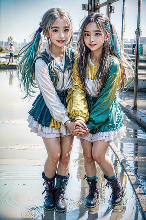 Raw photo, (Ultra realistic), (highly detailed eyes, highly detailed face), (ultra detailed:1.4), realistic, (photorealistic:1.37), (illustration:1.2), Two girls playing in puddles wearing rain boots. In the center of the puddles,  there is a clear reflection of the transparent water surface with bright light reflecting upon it. The girls are dressed in yellow raincoats and wearing boots,  allowing them to play in the puddles without getting wet. One of them is an energetic girl with her hair tied up in pigtails,  while the other has cute short twin tails. Holding hands,  they jump and frolic,  creating splashes of water. The weather is fine after the rain,  and a vibrant rainbow stretches across the background. The colors of the rainbow harmonize with the girls' smiles,  creating a joyful atmosphere,  colorful wear,  (adorable difference face:1.4),  colorful,  (photo-realisitc),  night background,  exposure blend, medium shot, bokeh, (hdr:1.4), high contrast, (cinematic, teal and green:0.85),  (muted colors, dim colors,  soothing tones:1.3), low saturation, (perfect hands, perfect fingers :1.5), cinematic light, depth of fields, twilight, science fiction, NAO,girl,woman