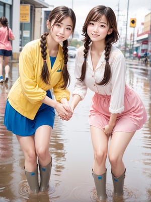 Raw photo, (Ultra realistic), (highly detailed eyes, highly detailed face), (ultra detailed:1.4), realistic, (photorealistic:1.37), (illustration:1.2), Two girls playing in puddles wearing rain boots. In the center of the puddles,  there is a clear reflection of the transparent water surface with bright light reflecting upon it. The girls are dressed in yellow raincoats and wearing boots,  allowing them to play in the puddles without getting wet. One of them is an energetic girl with her hair tied up in pigtails,  while the other has cute short twin tails. Holding hands,  they jump and frolic,  creating splashes of water. The weather is fine after the rain,  and a vibrant rainbow stretches across the background. The colors of the rainbow harmonize with the girls' smiles,  creating a joyful atmosphere,  colorful wear,  (adorable difference face:1.4),  colorful,  (photo-realisitc),  night background,  exposure blend, medium shot, bokeh, (hdr:1.4), high contrast, (cinematic, teal and green:0.85),  (muted colors, dim colors,  soothing tones:1.3), low saturation, (perfect hands, perfect fingers :1.5), cinematic light, depth of fields, twilight, science fiction, NAO,