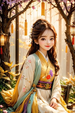 Beautiful 1girl, ((12 years old)), (masterpiece, top quality, best quality, official art, beautiful and aesthetic:1.2), (executoner), extreme detailed, colorful, highest detailed ((ultra-detailed)), (highly detailed CG illustration), ((an extremely delicate and beautiful)), cinematic light, niji style, Chinese house style, in the morning light, maple tree bloom, sunray through the leaves, beautiful eyes, ((light brown eyes)), perfect face, smiling happily, 32k ultra high definition, Pixar movie scene style, realistic high quality Portrait photography, eternal beauty, the lantern behind her emits a soft light, beautiful and dreamy, the flowers are in bloom, and the light bokeh serves as the background, (bronze eyes:1.4), ((purple and yellow hues)), cute animal winterhanfu, holding object, funny pose, (sitting on a tree swing:1.5), swing on swing, outside, fox near her,